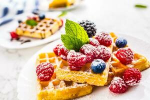 fresco waffles com bagas açúcar pó formiga hortelã folhas. foto