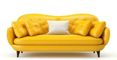 moderno amarelo couro sofá com almofadas isolado foto