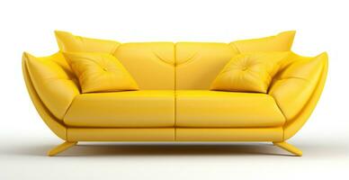 moderno amarelo couro sofá com almofadas isolado foto