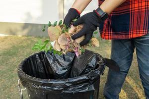 mulher asiática limpa e coleta de lixo seco deixa lixo no parque, reciclar, proteção do meio ambiente. equipe com projeto de reciclagem fora. foto