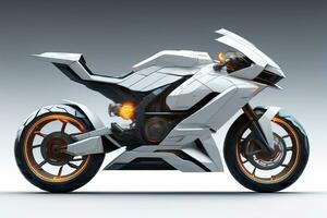 uma branco super Esportes motocicleta em uma cinzento fundo. ai generativo foto