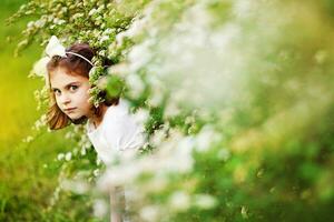 uma pequeno menina é se escondendo atrás alguns arbustos foto