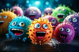 sorridente patógeno micróbio monstros bactérias e vírus com grande olhos células com dentes foto