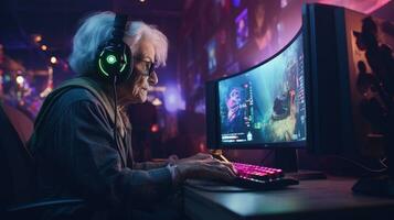 idosos profissional jogador jogando conectados jogos computador foto