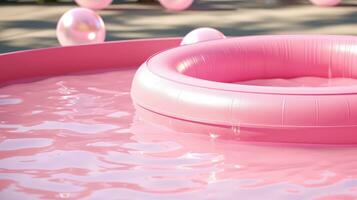 Rosa brinquedo piscina com uma Rosa bóia salva-vidas em uma borrado fundo foto