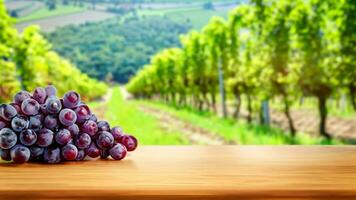 de madeira mesa com fresco vermelho uvas e livre espaço em natureza borrado fundo, Vinhedo campo. gerado ai. foto