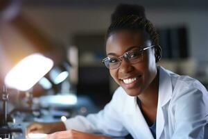 afro americano fêmea científico médico teste substâncias dentro trabalhador braçal ai gerado foto