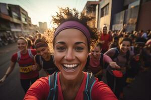 multiétnico grupo do pessoas corrida dentro a cidade às cedo manhã ai gerado foto