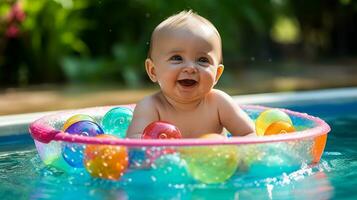 feliz bebê jogando dentro uma natação piscina durante verão período de férias ai gerado foto