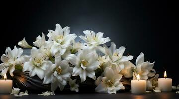 ramalhete do branco magnólia flores com queimando vela em Preto fundo ai gerado foto