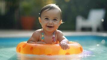 feliz bebê jogando dentro uma natação piscina durante verão período de férias ai gerado foto