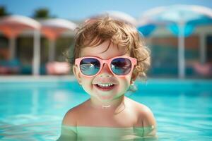 fofa bebê com oculos de sol dentro natação piscina. verão período de férias conceito ai gerado foto