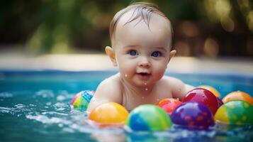 feliz bebê jogando dentro uma natação piscina durante verão período de férias ai gerado foto