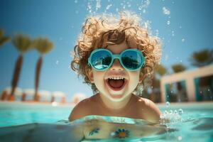 fofa bebê com oculos de sol dentro natação piscina. verão período de férias conceito ai gerado foto