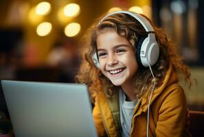 retrato do fofa pequeno menina dentro fones de ouvido usando computador portátil enquanto sentado dentro cafeteria ai gerado foto