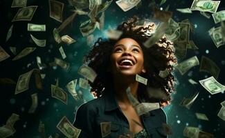 retrato do uma sorridente africano americano mulher com dólar contas queda baixa ai gerado foto