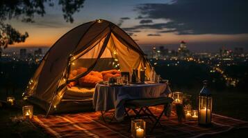 generativo ai, romântico acampamento com lanterna luzes, travesseiros, cobertor. cidade Visão dentro a tarde foto