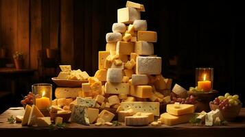 generativo ai, diferente tipos do queijo em a mesa foto