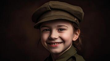 uma jovem menina dentro uma militares uniforme sorridente ai generativo foto