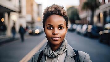 uma mulher com a afro é em pé dentro a meio do uma cidade rua ai generativo foto