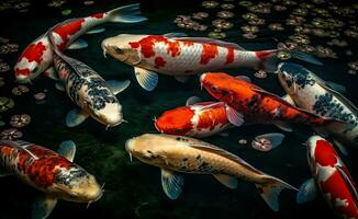 koi peixe colorida nadar em a lagoa Preto fundo ai generativo foto