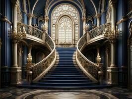 luxuoso mansão Escadaria ouro e real azul fundo foto