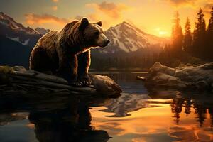 Castanho Urso sentado em a Rocha em a lago lado às a Tempo do pôr do sol - generativo ai foto