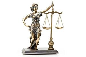 metal estátua do senhora justiça com os olhos vendados com balanças isolado em branco foto