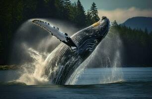 corcunda baleia pulando Fora do a água.. a baleia é pulverização água e pronto para outono em Está voltar, generativo ai foto