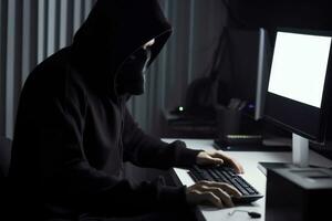 anônimo hacker com de capuz e mascarar sentado Próximo para computador generativo ai foto