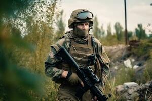 armado soldado do a terra militares forças explora a guerra zona generativo ai foto