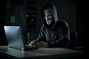 anônimo hacker com de capuz e mascarar sentado Próximo para computador generativo ai foto