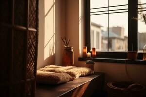 acolhedor relaxante espaço em janela peitoril Como Lugar, colocar para meditação generativo ai foto