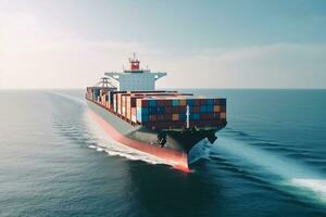 grande transporte navio com containers com bens em a aberto mar generativo ai foto