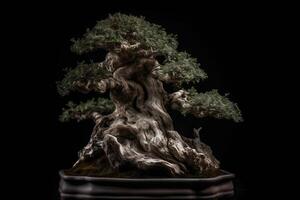 envelhecido bonsai árvore isolado em Preto fundo generativo ai foto