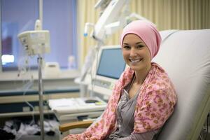 foto do Câncer paciente é sorridente dentro a tratamento sala. generativo ai