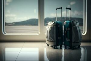 malas para viagem, bagagem dentro a aeroporto terminal contra a fundo do a janela e a pista. ai generativo foto