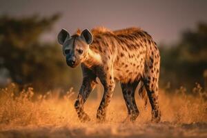 hiena em a fundo do a africano savana, quente dia, animais do África. ai generativo foto