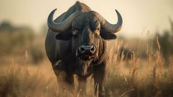 búfalo em a fundo do a africano savana, quente dia, animais do África. ai generativo foto