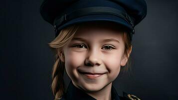 uma jovem menina dentro uma polícia uniforme sorridente ai generativo foto