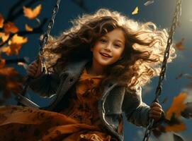 menina tocam em uma balanço com vento enquanto outono folhas mosca dentro a ar foto