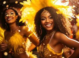 menina com penas vestido acima às carnaval foto