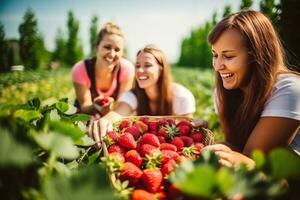 meninas com morangos em ensolarado dia foto