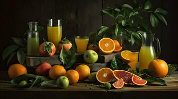 uma vidro do laranja suco e laranja ai generativo suco dentro uma vidro jarro com fresco frutas em de madeira mesa. laranja suco e fresco frutas ainda vida. foto