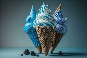 gelo creme dentro waffle cone em azul fundo, topo visualizar, plano deitar. ai generativo foto