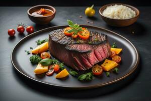 fatiado carne bife com salsinha em uma placa. ai generativo foto