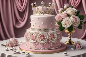 Casamento bolo decorado com Rosa rosas e ouro coroa em a mesa. ai generativo foto