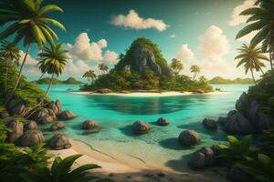 tropical ilha com Palma árvores e areia de praia. ai generativo foto