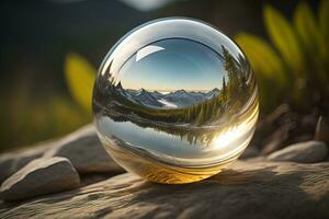 transparente cristal bola em uma de madeira mesa. ai generativo foto