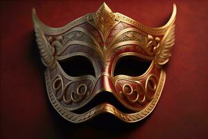 veneziano carnaval mascarar com dourado enfeite em uma sólido cor fundo. ai generativo foto